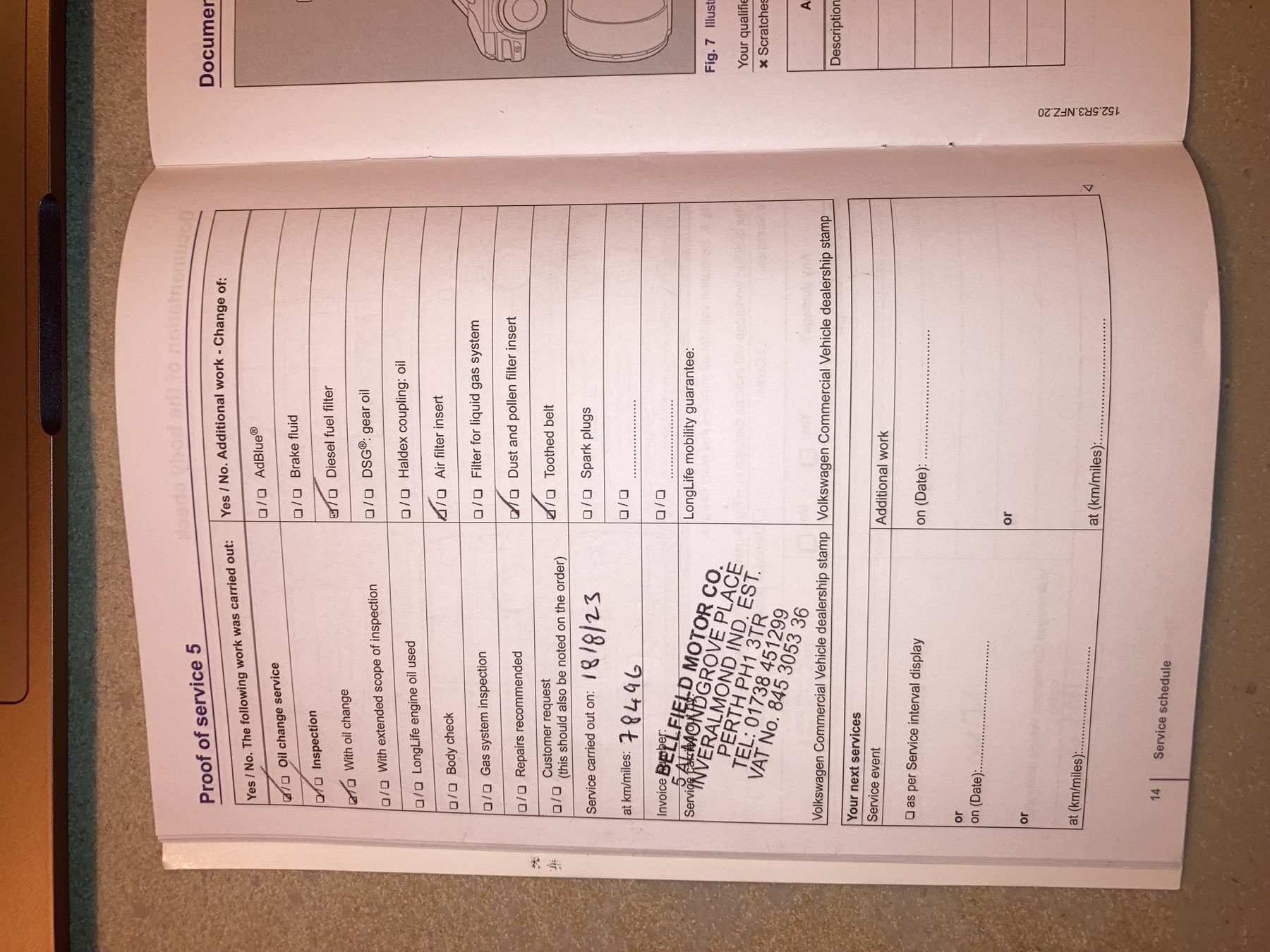 Volkswagen service book: timing belt change at Bellfield Motors