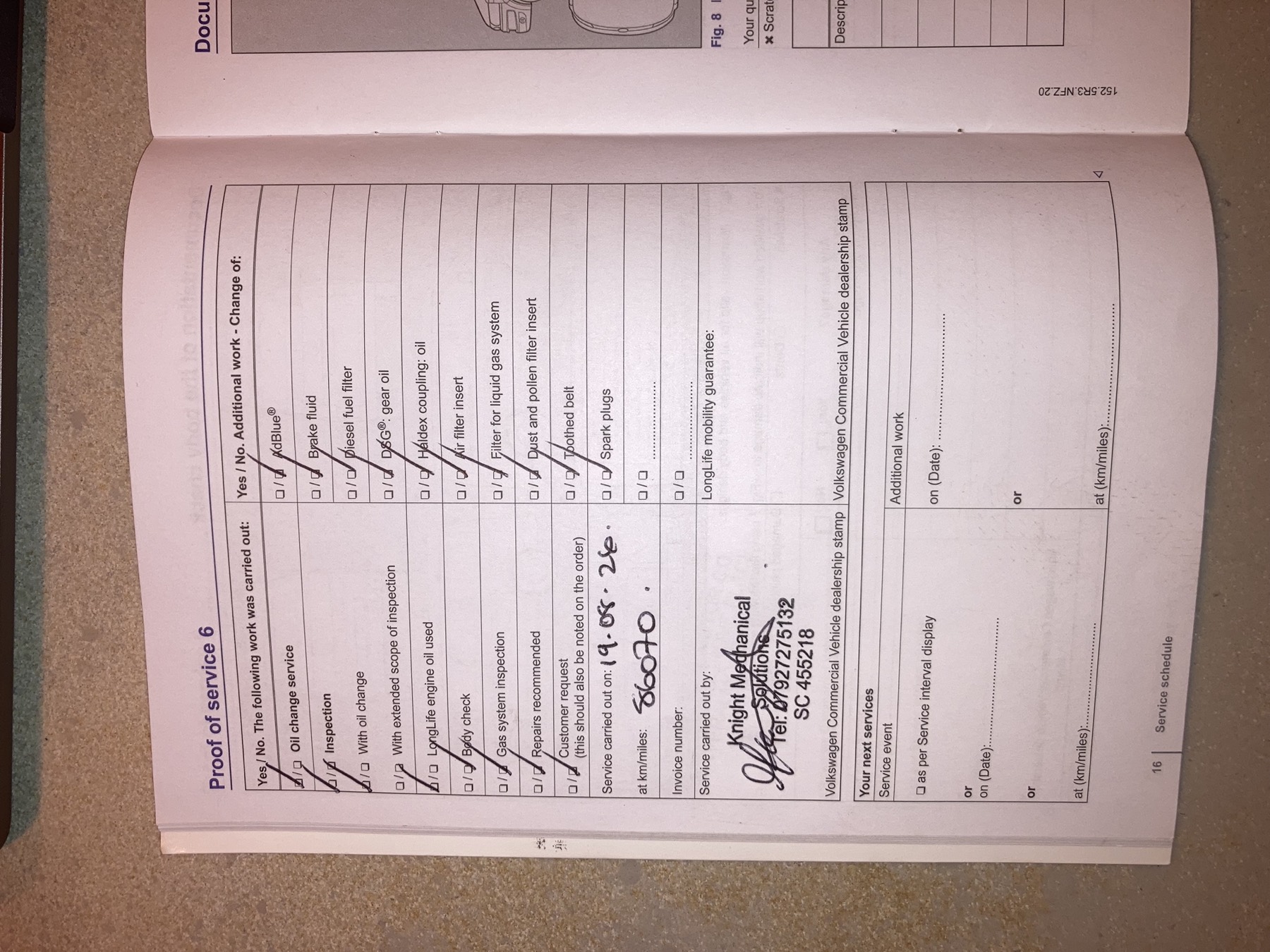 Volkswagen service book: most recent service stamp